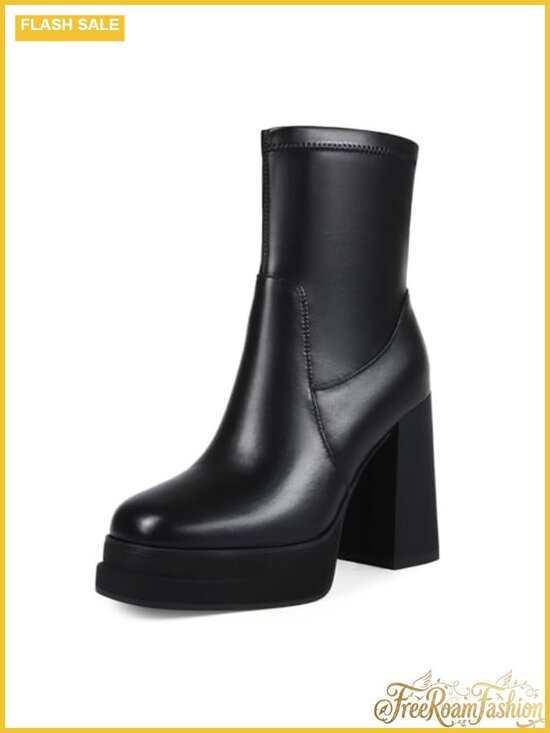 Shoes - Platform Ankle Booties Faux Leather Chunky Block Heel Combat Boot